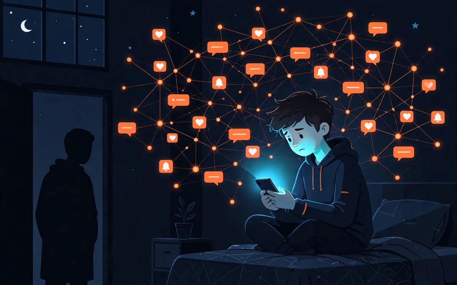 Stylised illustration of a teenager on a bed at night surrounded by glowing orange social media notification icons, with a parent silhouetted in the doorway.