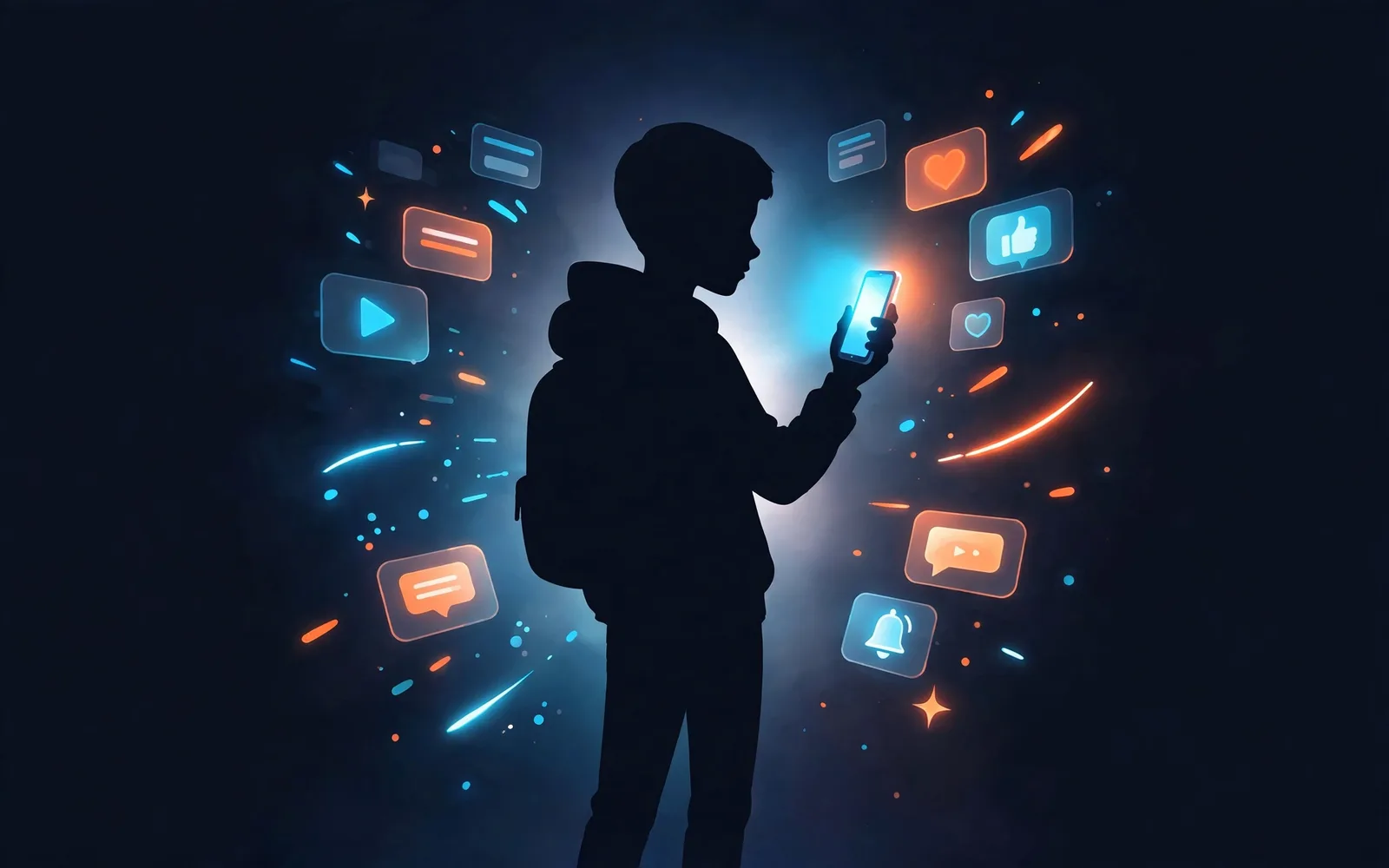Stylized navy illustration of a cartoon teen holding a glowing phone surrounded by floating short-video feed cards.