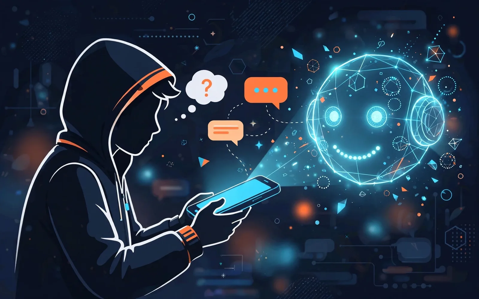 Stylised illustration of a hooded teen holding a phone, chatting with a friendly glowing robot face made of light.