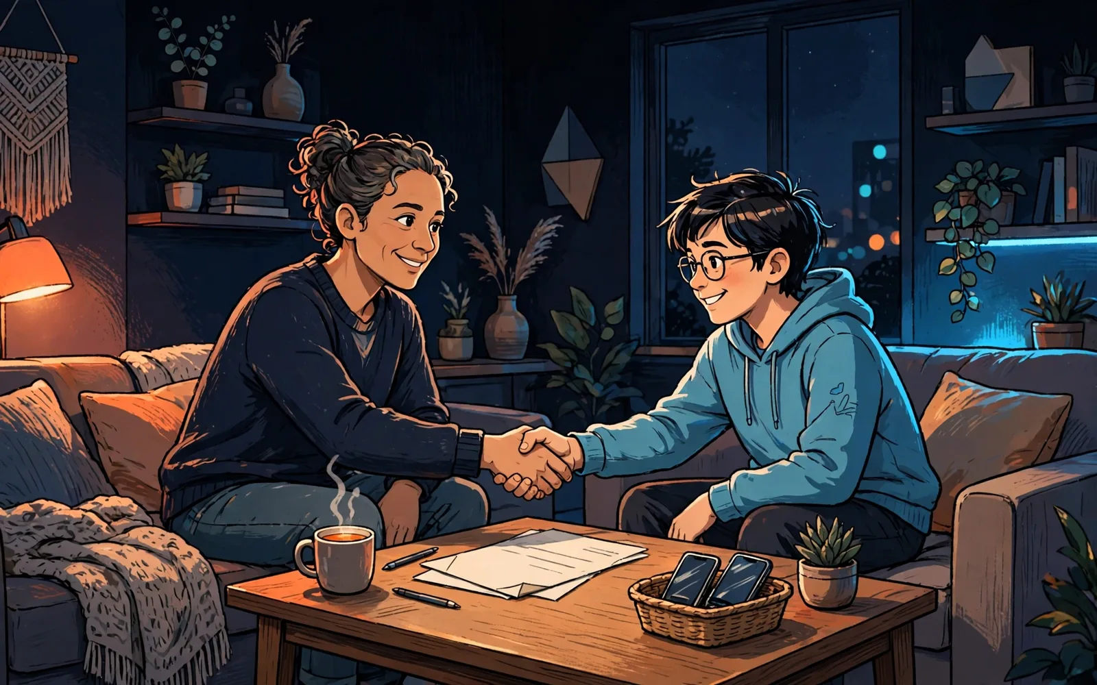 An illustrated stylised family agreeing on a phone contract together, with phones resting in a basket nearby.