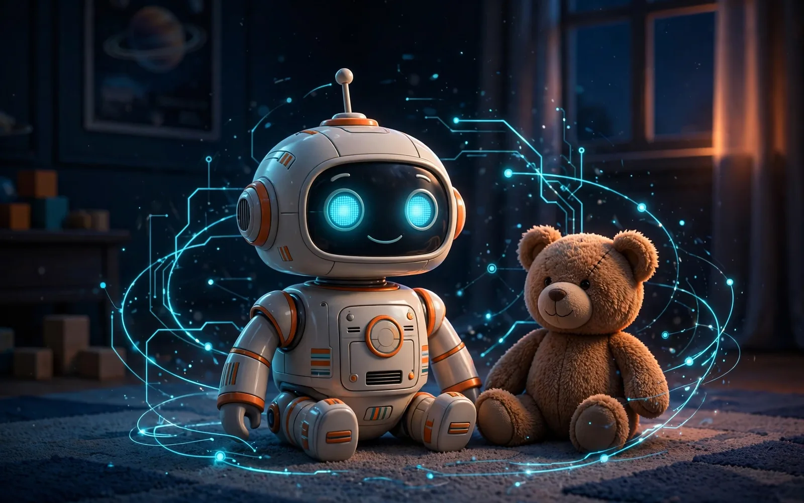 Stylised illustration of a toy robot with glowing eyes and a teddy bear in a dark child's bedroom, representing AI-powered toys.