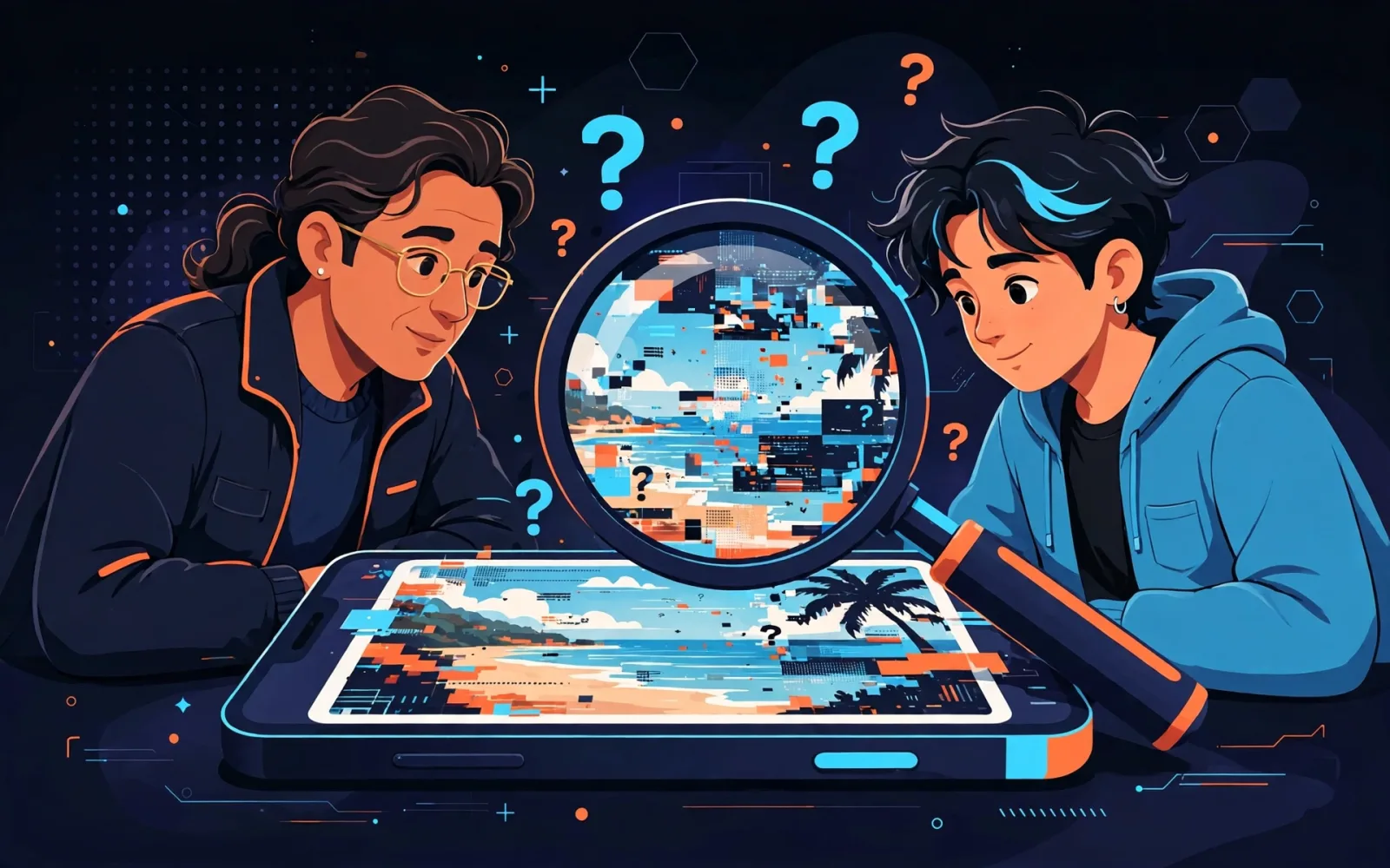 A stylised illustrated parent and teenager examining a smartphone photo through a large magnifying glass, in navy, orange and cyan brand colours.