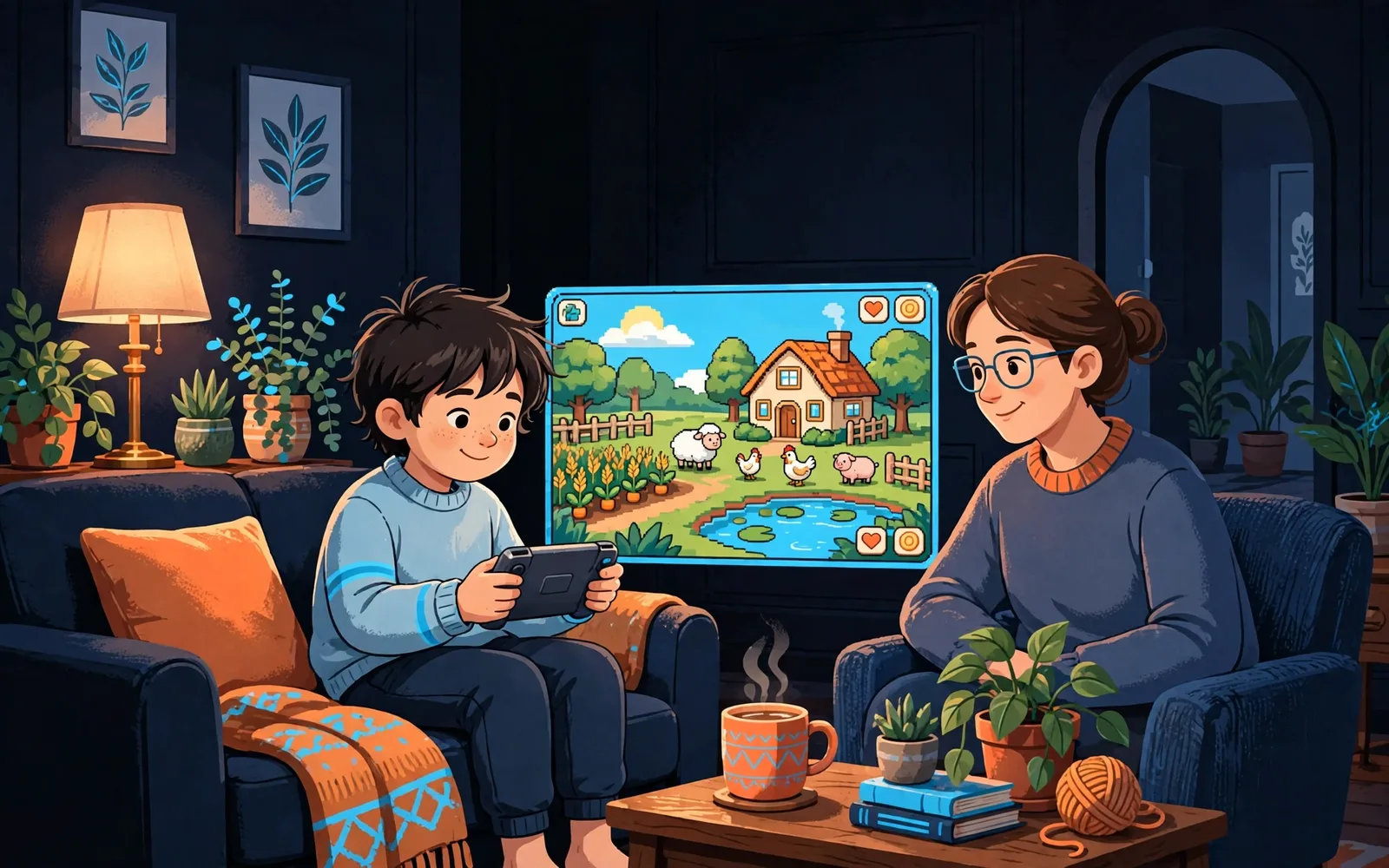 An illustrated child plays a calm farming game on a sofa while a parent sits nearby in a cozy living room.