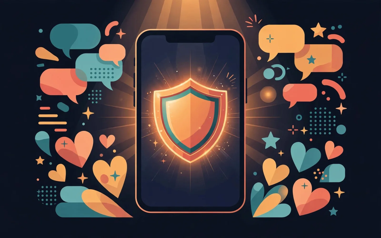Stylised flat illustration on a dark navy background: a smartphone displaying a glowing protective shield, surrounded by speech bubbles, hearts and stars.