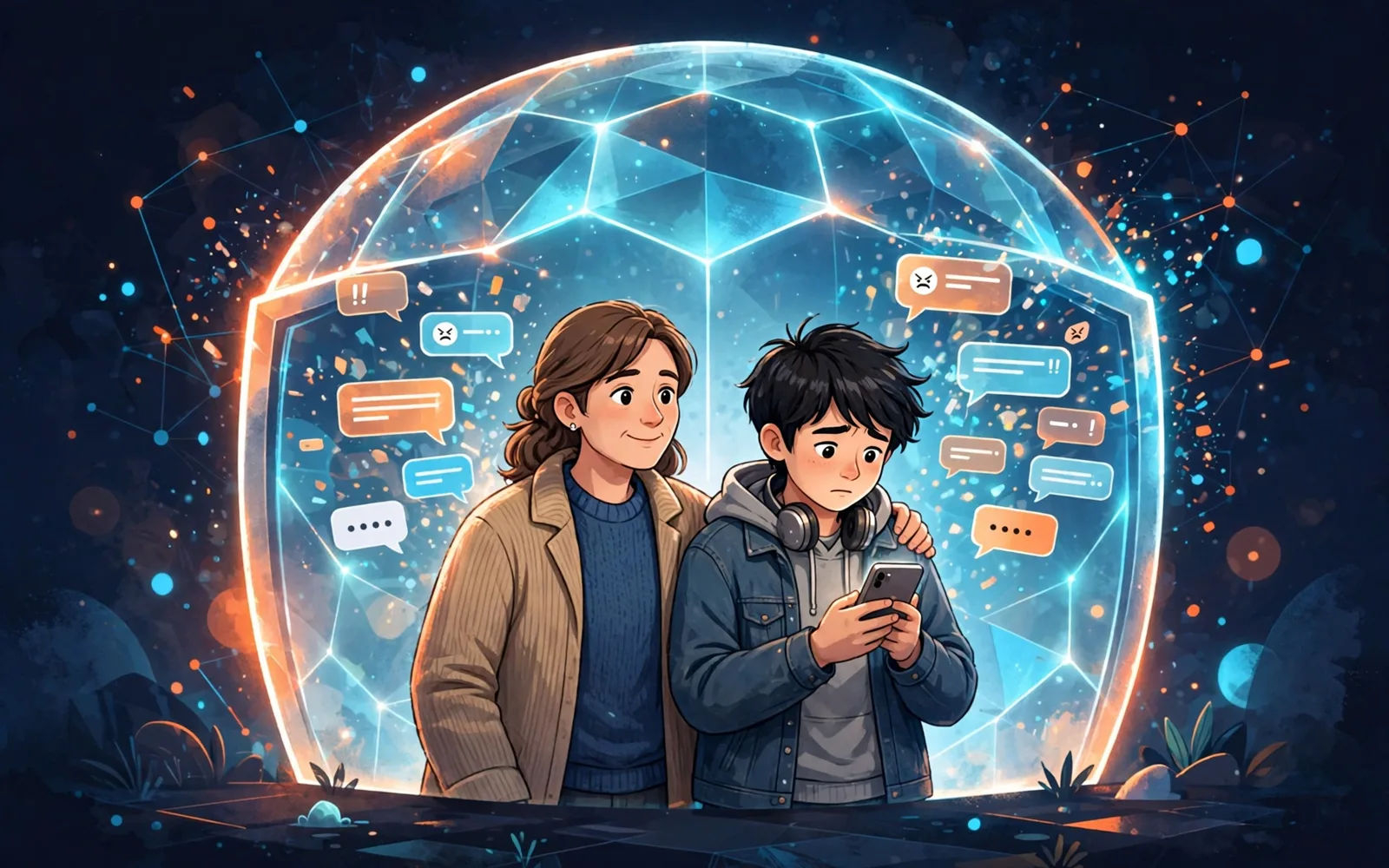 Illustrated image of a parent comforting a teen holding a phone, both sheltered under a glowing digital shield as chat bubbles bounce off it.