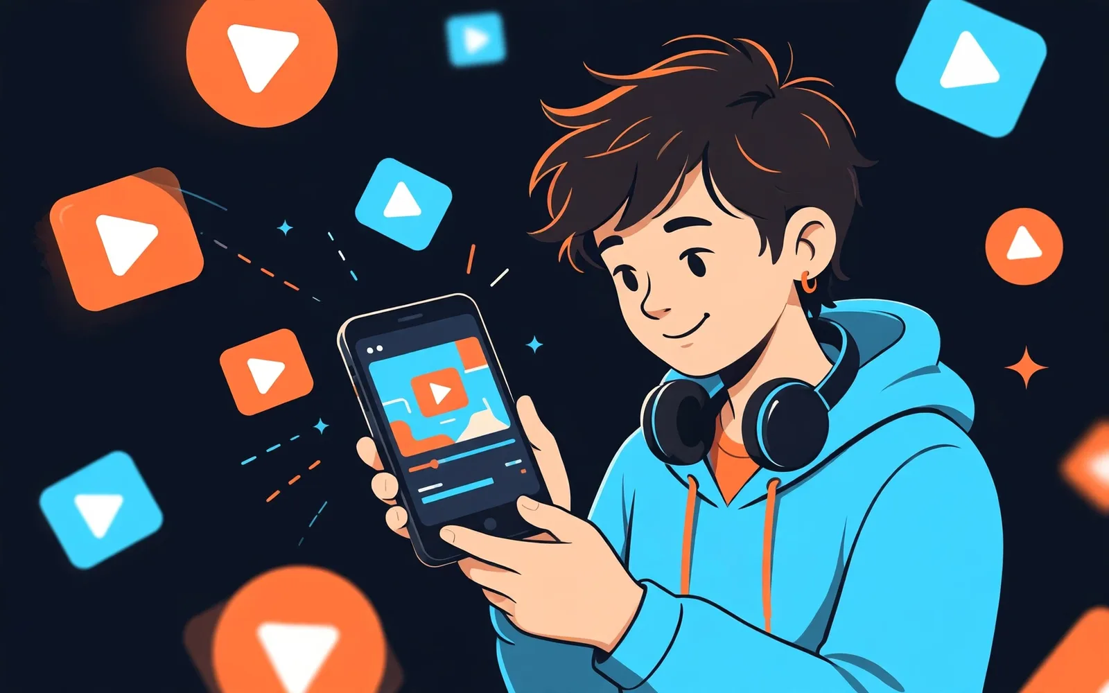 A stylised illustration of a teenager watching videos on a phone, surrounded by play-button shapes on a dark navy background.