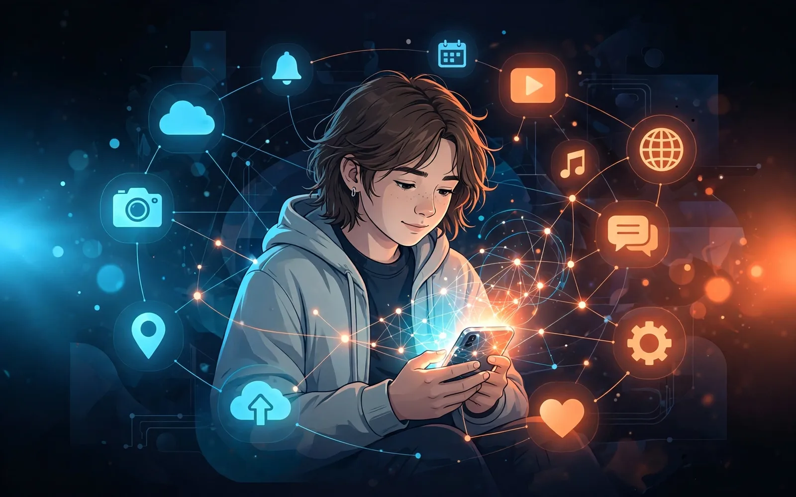 A stylised illustrated teenager holding a glowing smartphone against a dark navy background with orange and cyan accents.