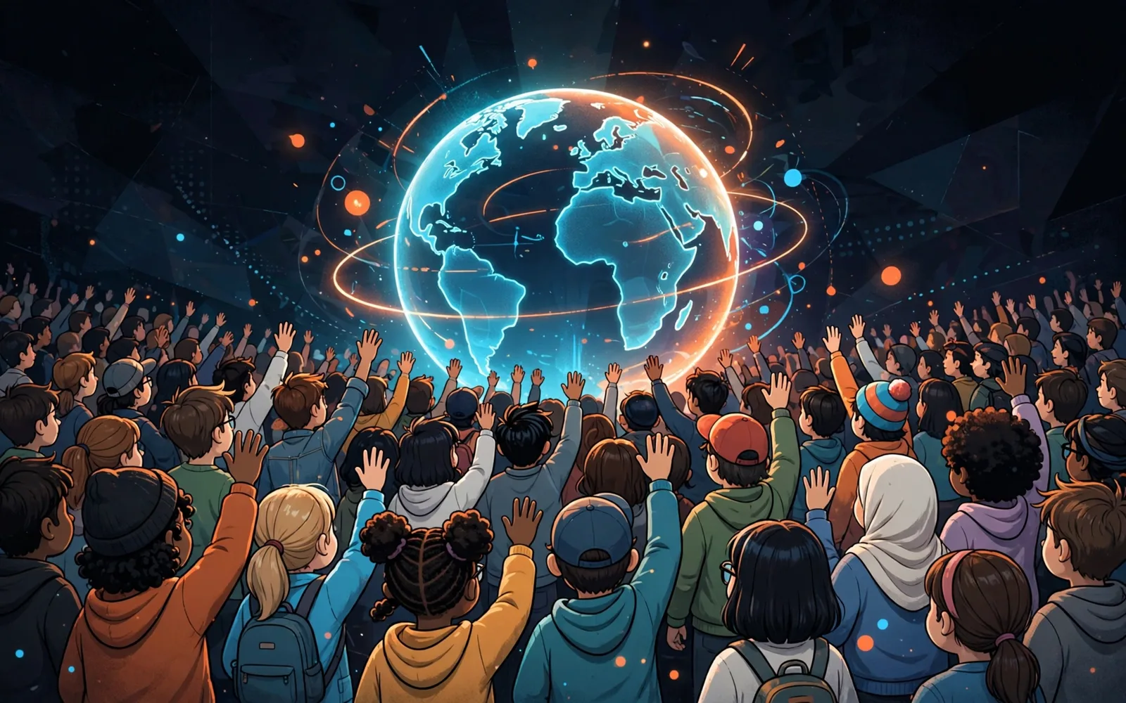 Illustrated crowd of diverse stylised children cheering around a glowing digital globe.