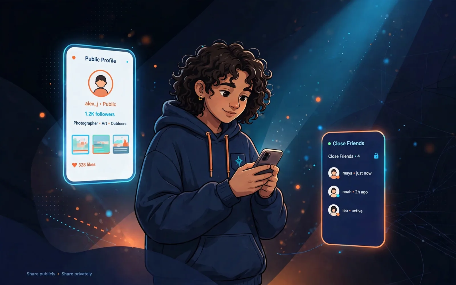 A stylised illustration of a teenager with a phone showing a polished public profile beside a small private close-friends profile.
