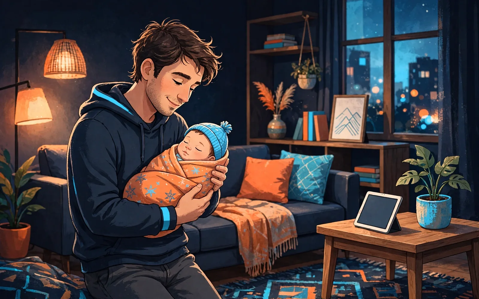 A stylised illustration of a young parent holding a newborn baby in a warm modern living room.