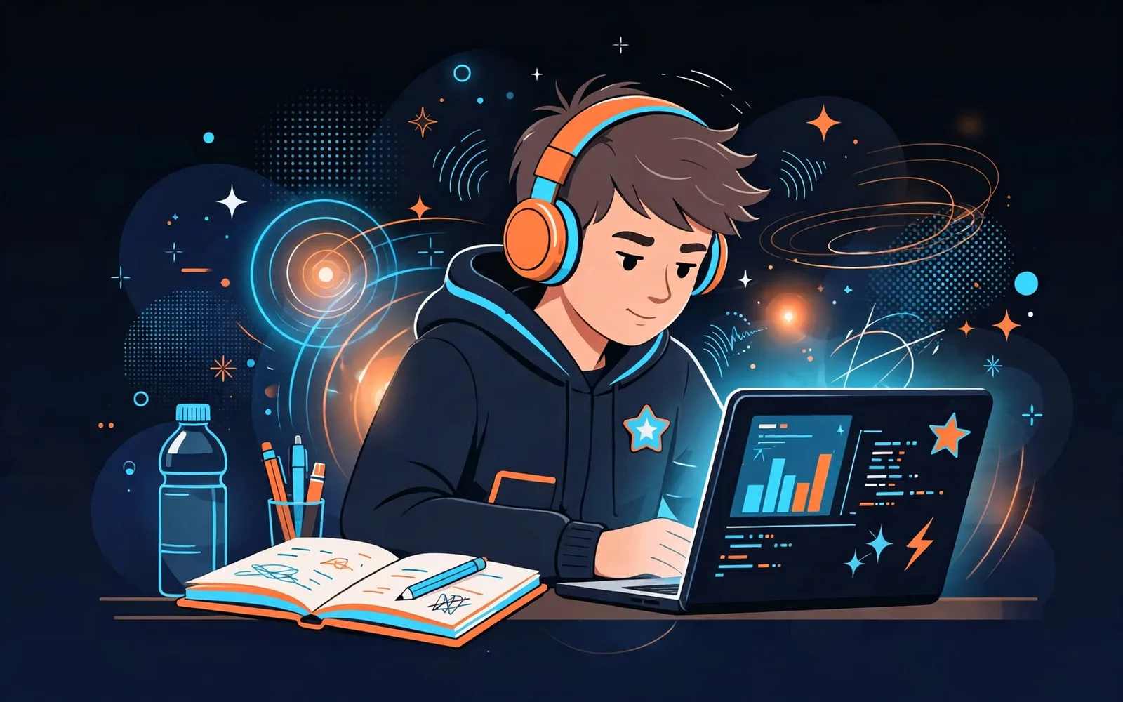 A stylised illustrated student concentrating at a desk with a laptop and notebook, surrounded by glowing focus motifs on a deep navy background.