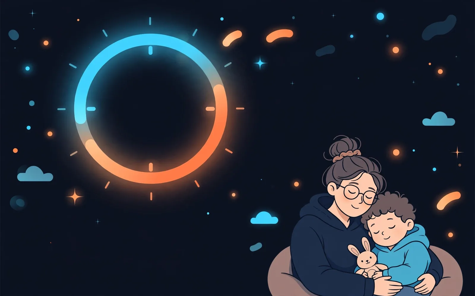 A stylised illustration of a parent and child sitting together beside a large glowing clock ring on a dark navy background with orange and cyan light accents.