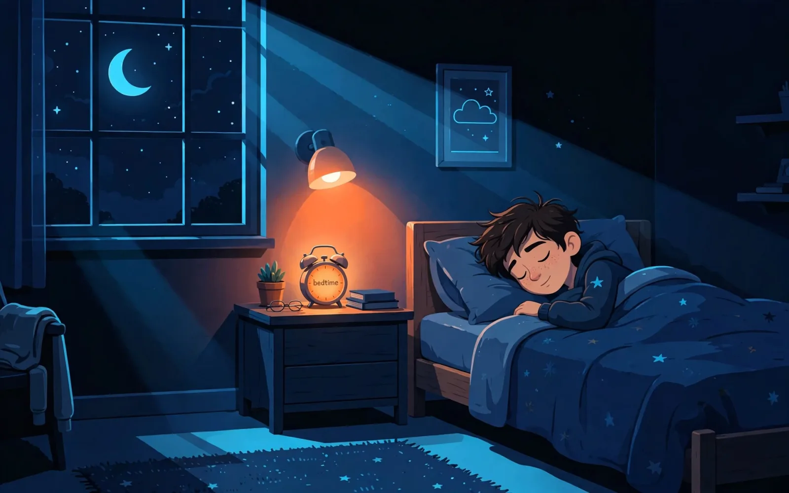 Stylised illustration of a sleeping teenager in a navy-blue bedroom with moonlight and an orange glowing bedtime alarm clock.