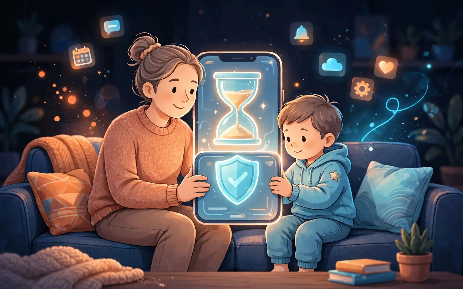 Illustrated parent and child on a couch holding a glowing smartphone with an hourglass and shield, on a navy background with orange and cyan glow.