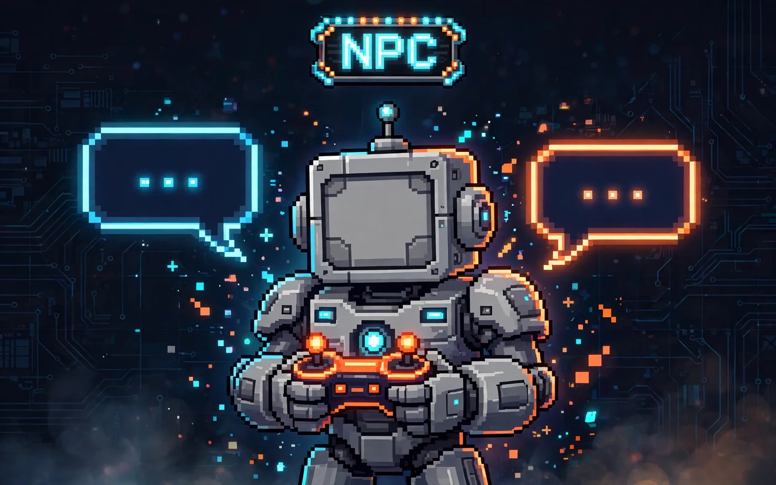Pixel-art illustration of a friendly grey NPC robot holding a glowing game controller between two dialogue bubbles, on a dark navy background with orange and cyan glow.