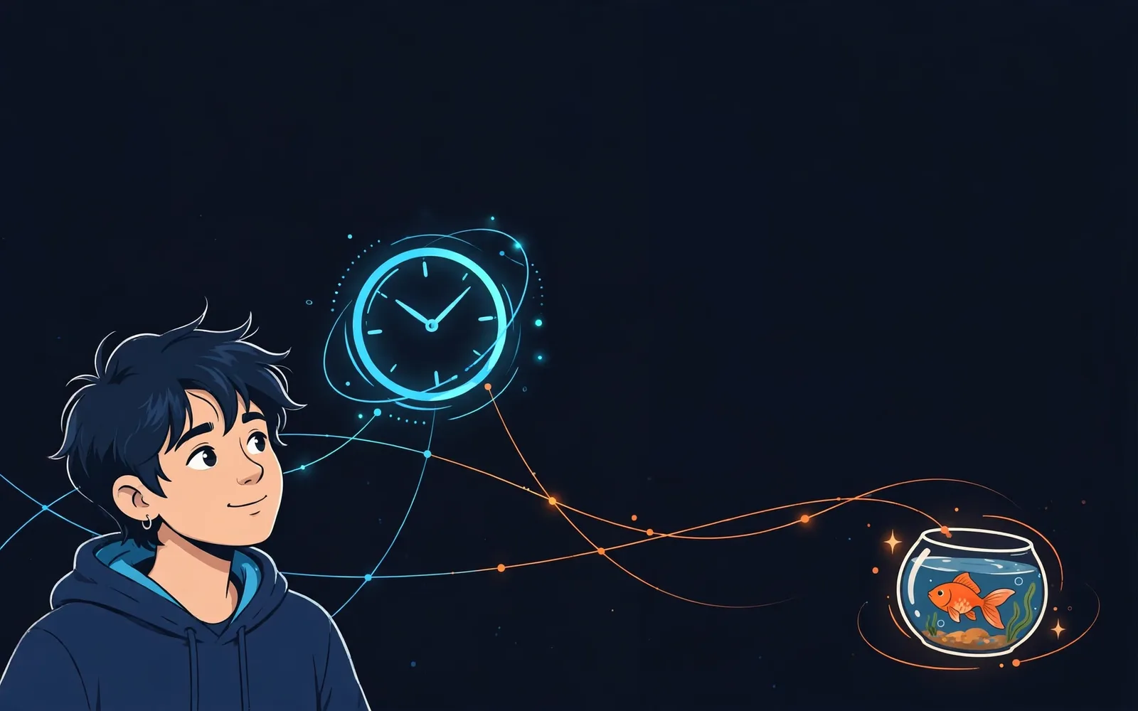 A stylised illustration of a teenager beside a glowing clock and a small goldfish bowl on a dark navy background with orange and cyan light accents.