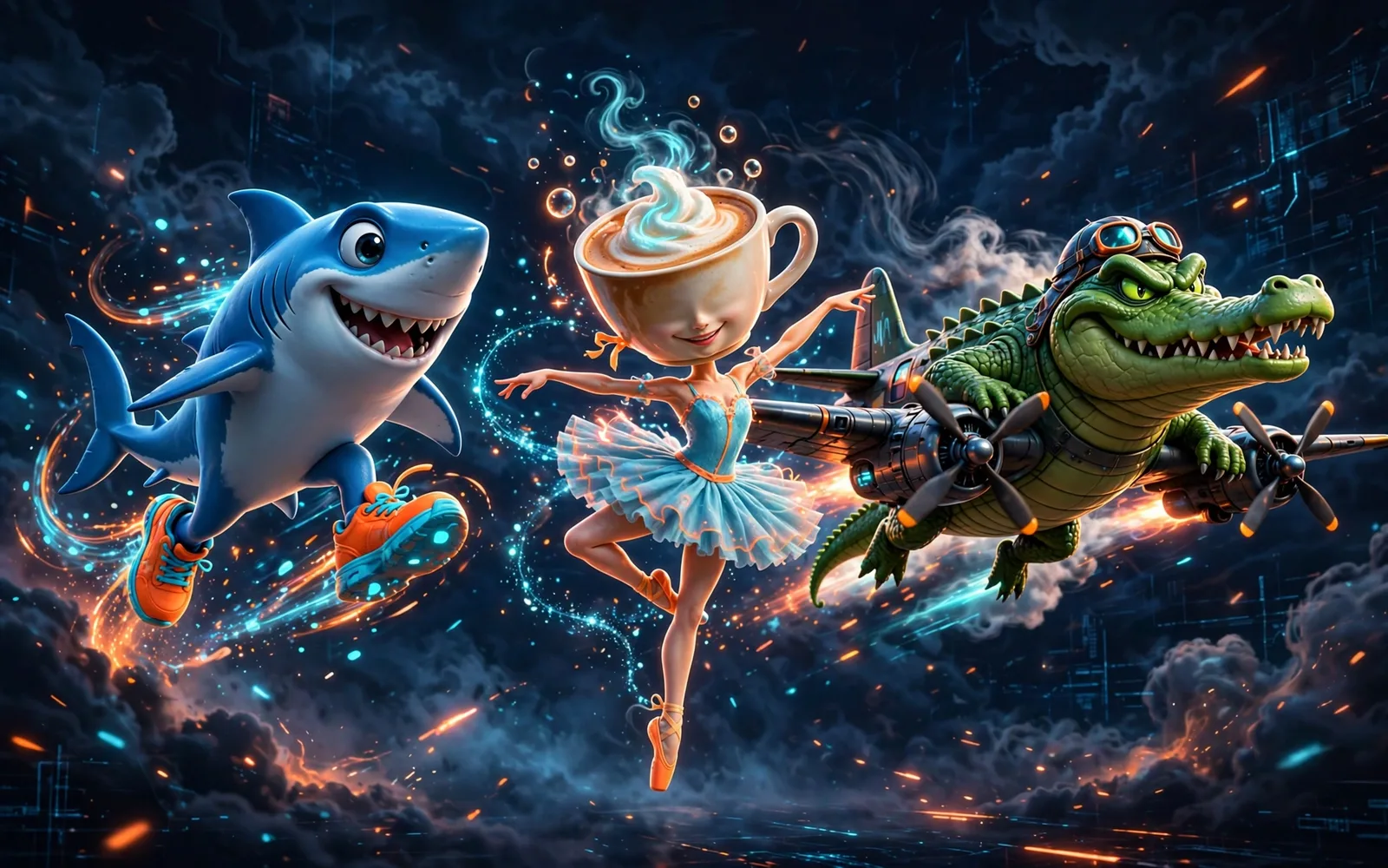 Brand-style illustration of absurd cartoon meme creatures - a shark in sneakers, a ballerina with a cappuccino-cup head, and a crocodile-bomber plane - on a dark navy background with orange and cyan g
