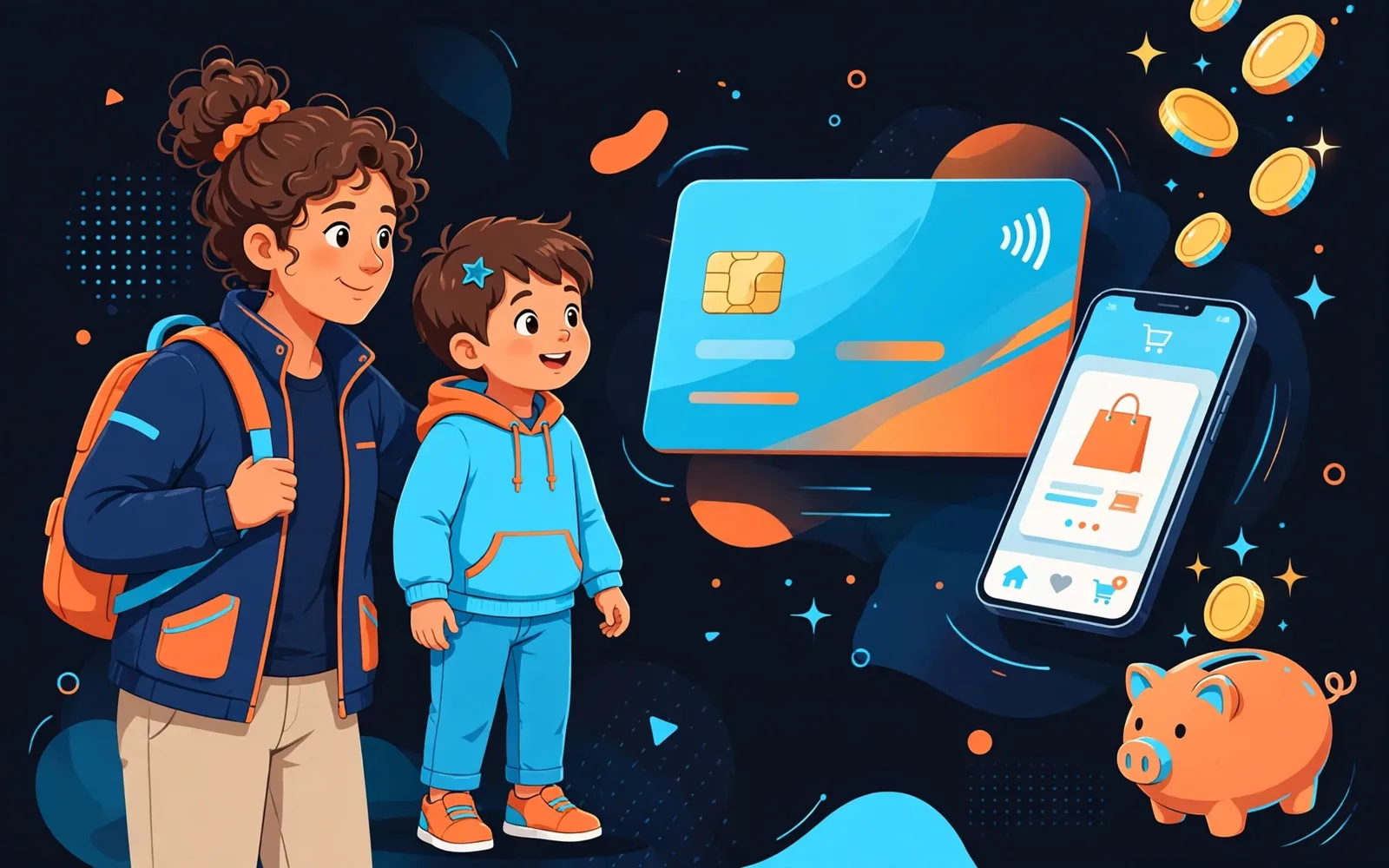 An illustrated parent and child looking at a large debit card and a phone, with coins and a piggy bank, on a dark navy background with orange and cyan accents.