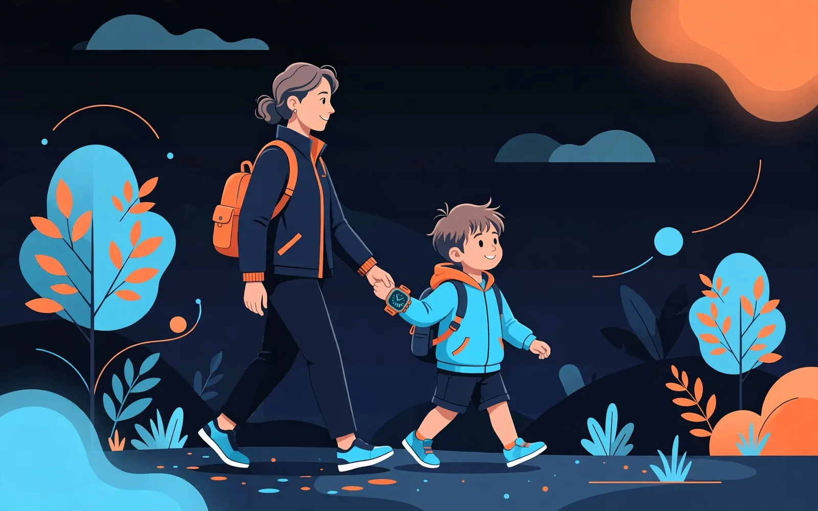 A stylised illustration of a parent and child walking outdoors, with the child wearing a bright smartwatch.