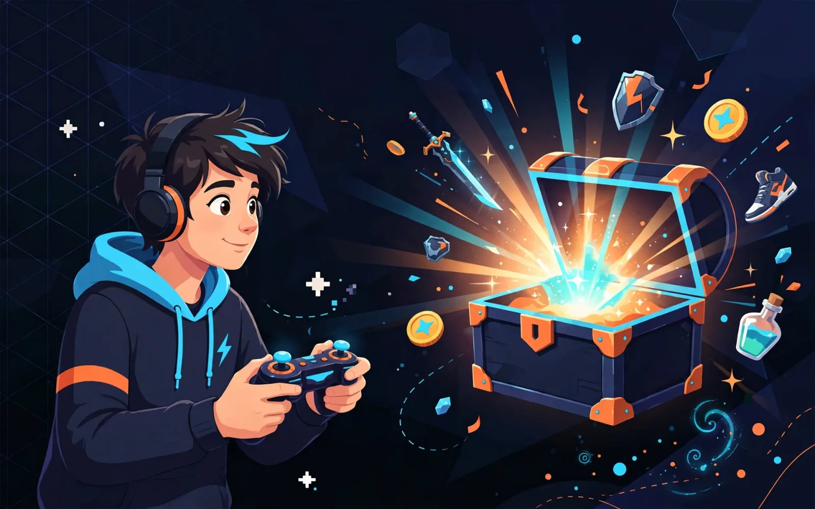 A stylised illustrated teenage gamer looking at a glowing mystery loot box opening, with game coins floating around, in navy, orange and cyan brand colours.