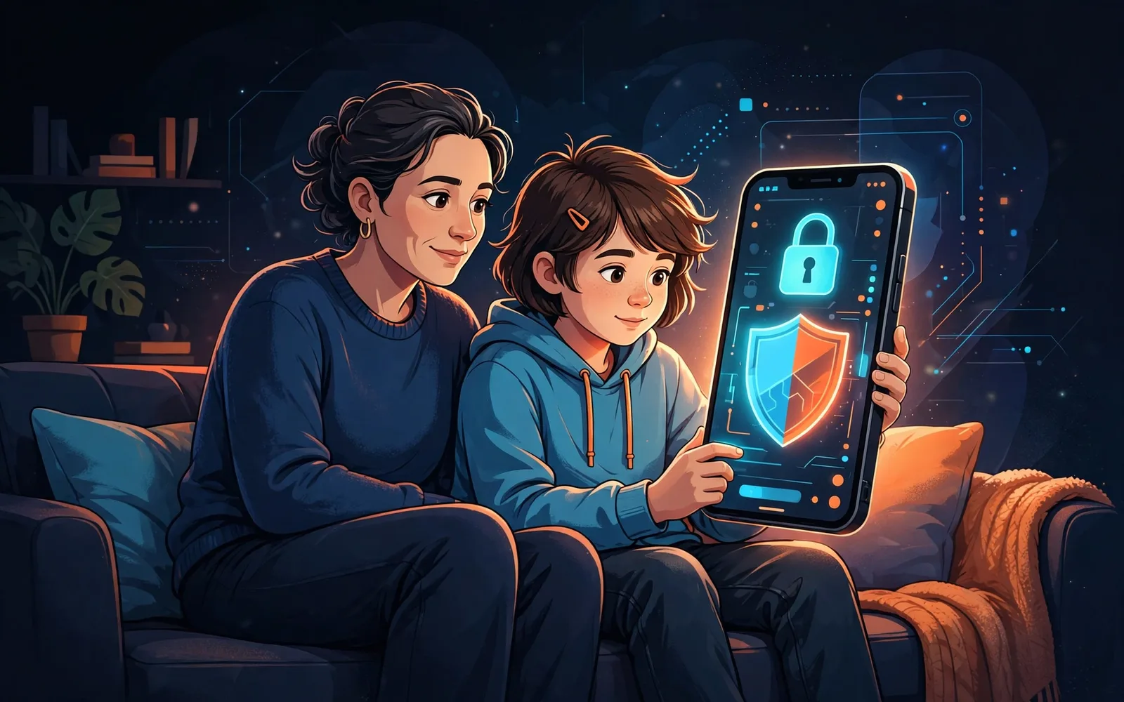 Illustrated parent and teen sitting together on a couch, looking at a glowing phone screen showing a padlock and privacy shield in orange and cyan.