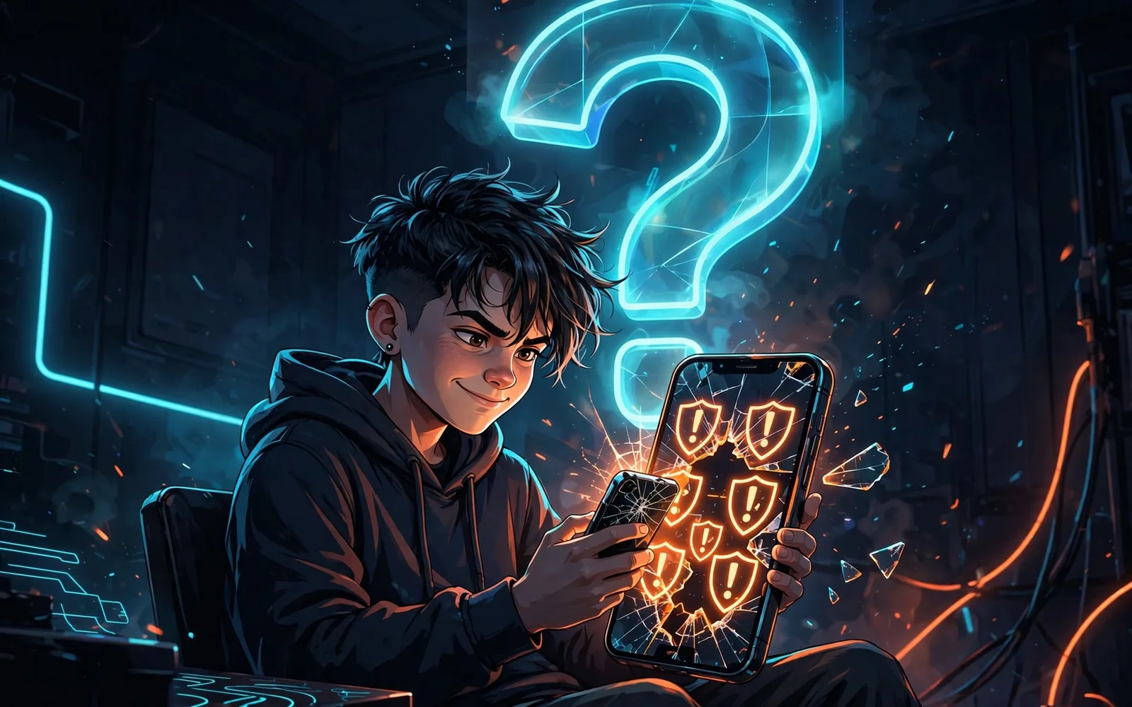 Illustrated stylised teenager holding a glowing smartphone beneath a giant neon question mark, in navy, orange and cyan brand colors.