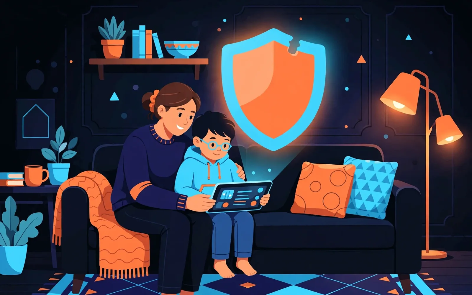 A stylised illustration of a parent and child looking at a tablet together under a protective shield.