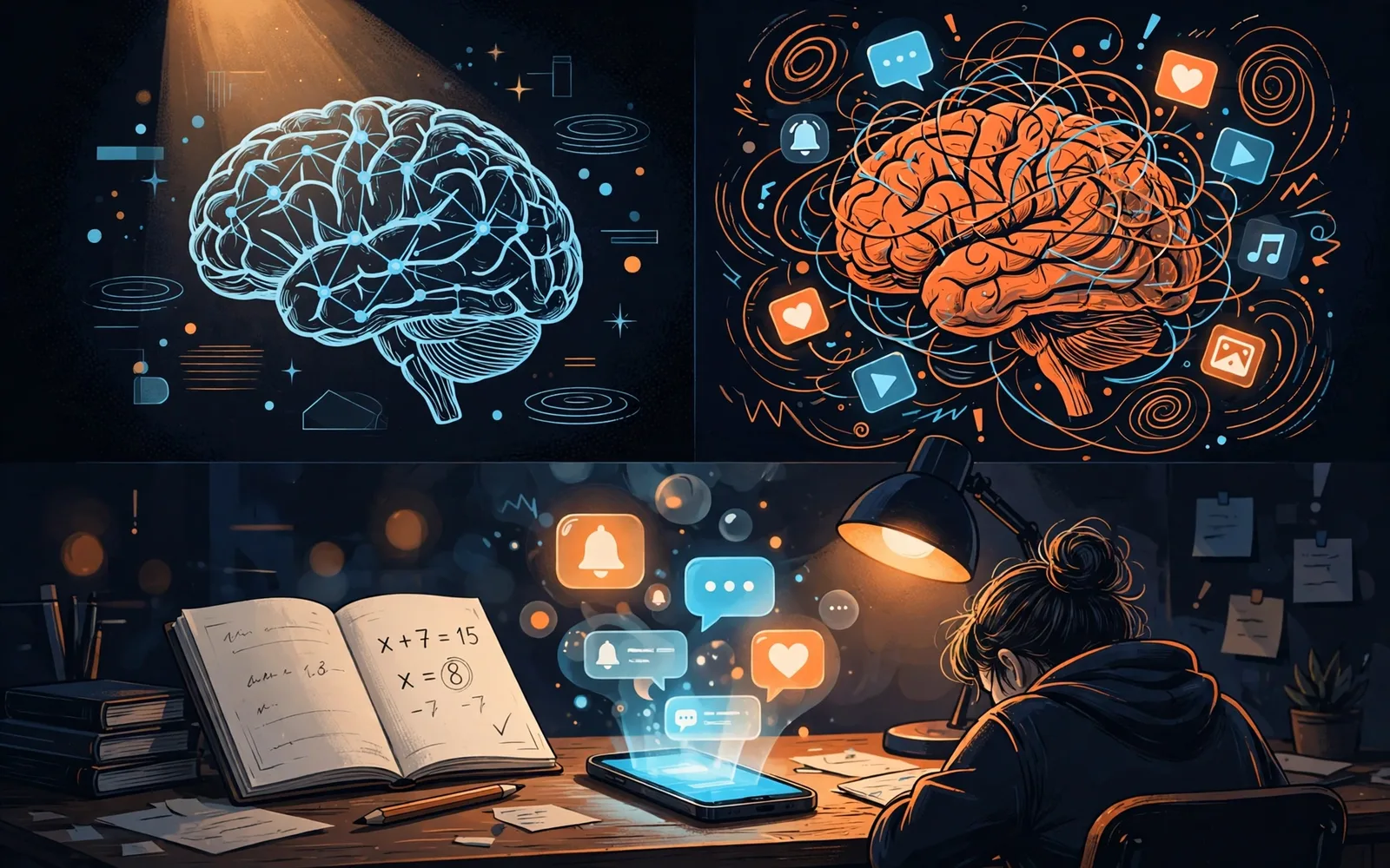 Stylised illustration of a teen's homework desk with a smartphone glowing with notifications, split between a calm focused brain and a chaotic distracted brain.