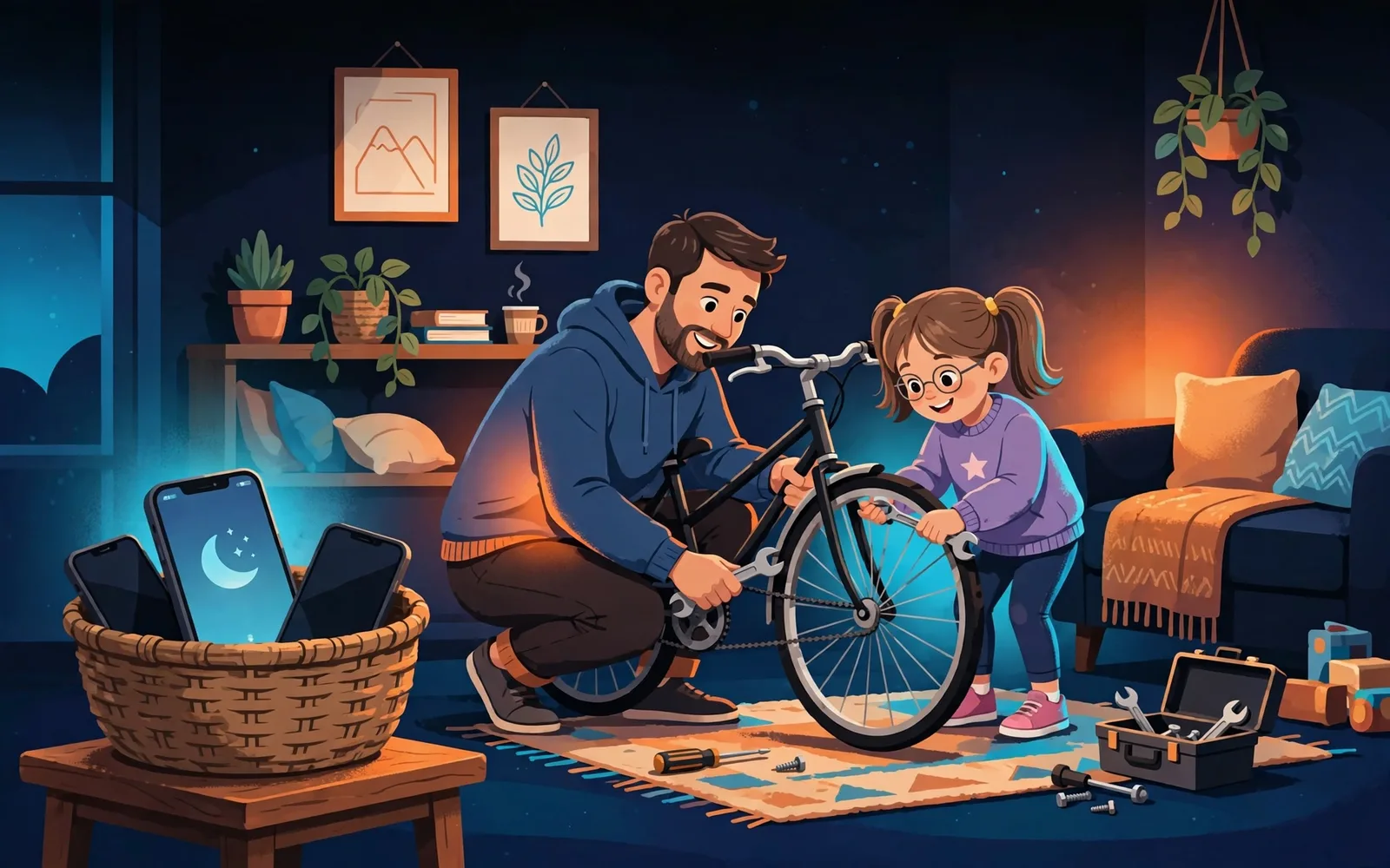 Illustrated cartoon of a father and daughter fixing a bicycle together at home, phones resting in a basket nearby, in navy, orange and cyan brand colours.