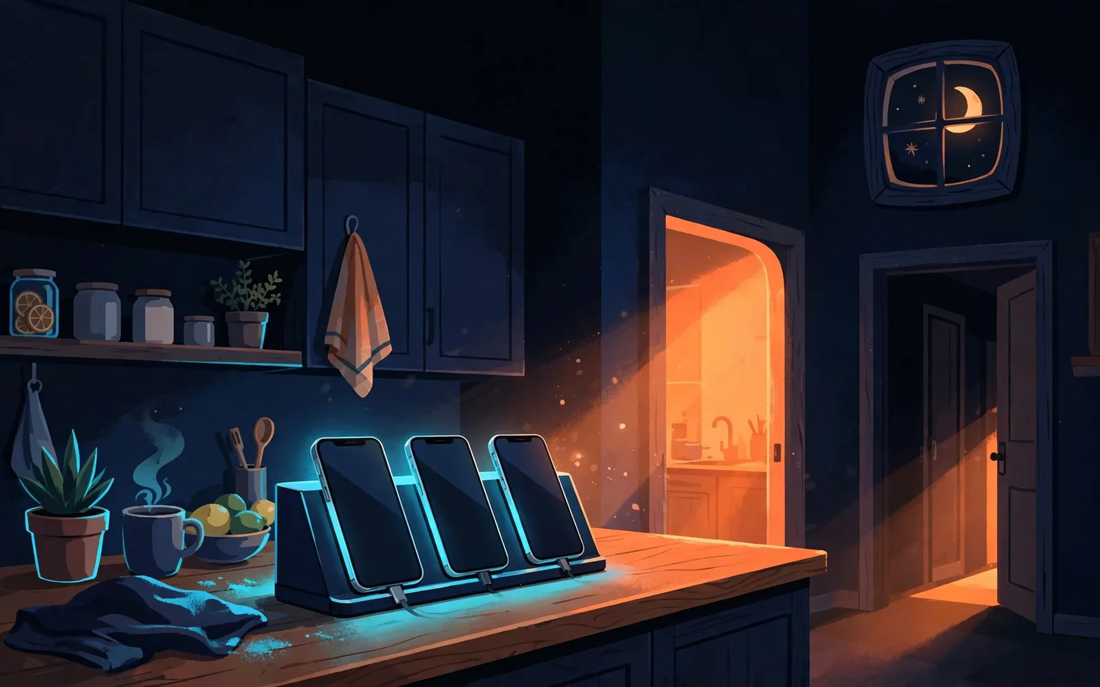 Illustrated night-time kitchen scene with three phones charging on the counter, in brand navy, orange and cyan colours.