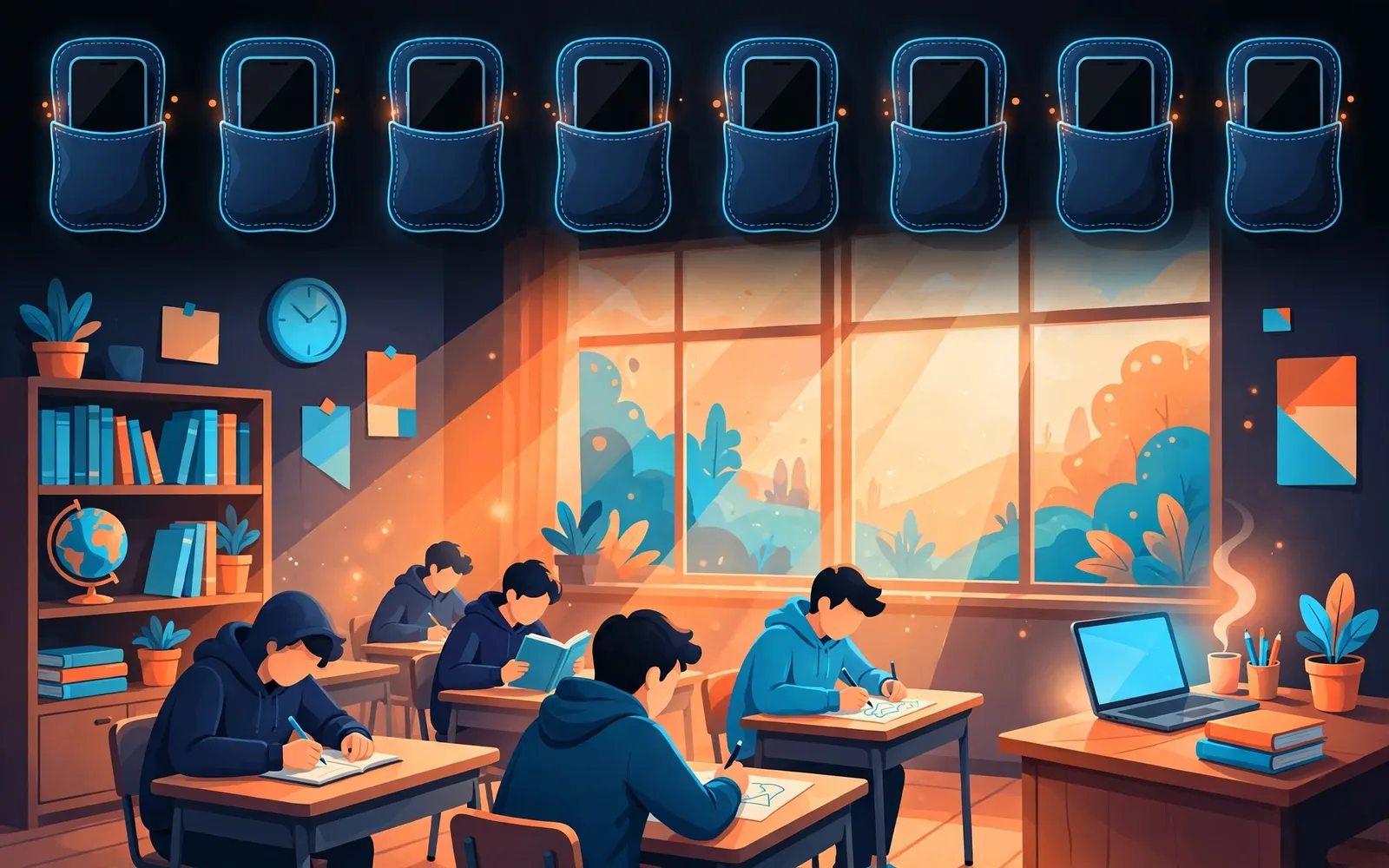 Illustrated classroom scene with smartphones stored in glowing wall pouches while stylized students focus on their books and schoolwork.
