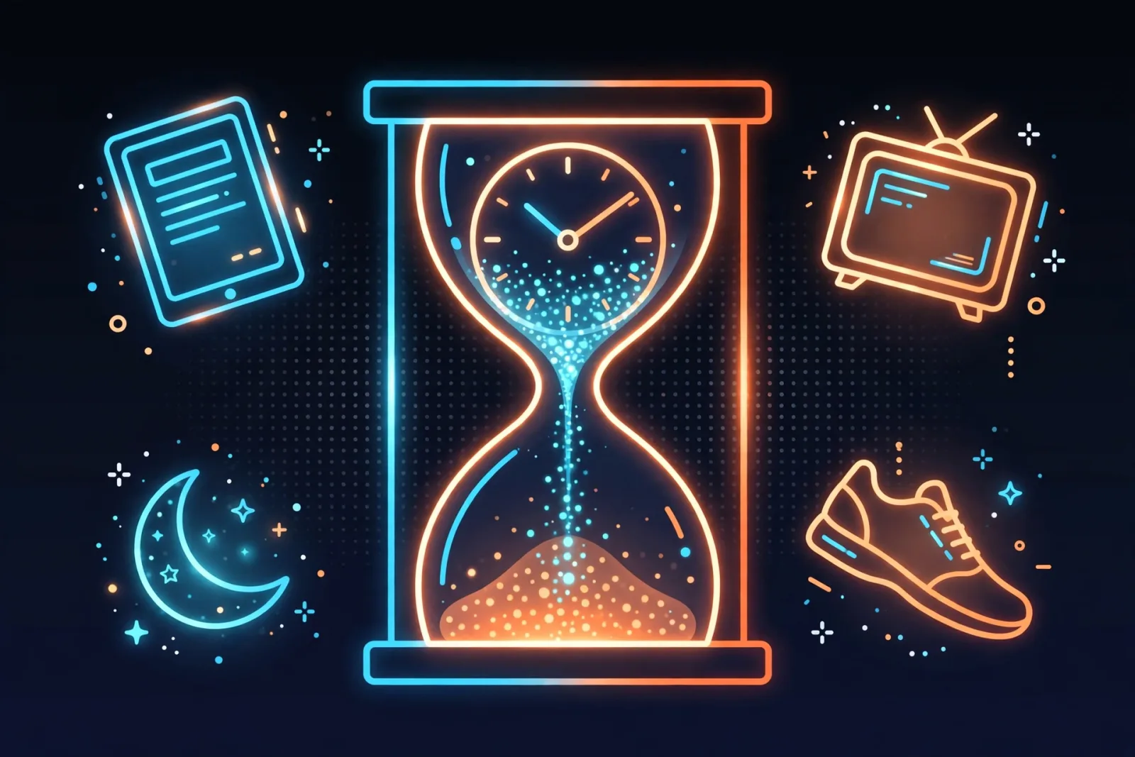 Stylised illustration of a glowing clock surrounded by floating tablet, TV, moon, and sneaker icons in navy, orange, and cyan, symbolising screen-time rules for kids of different ages.