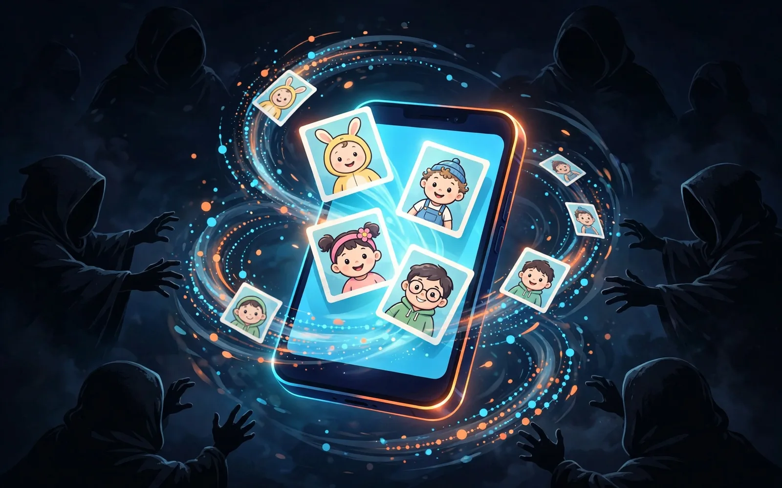 Illustrated smartphone releasing a child's photos into a swirling social feed watched by shadowy strangers.