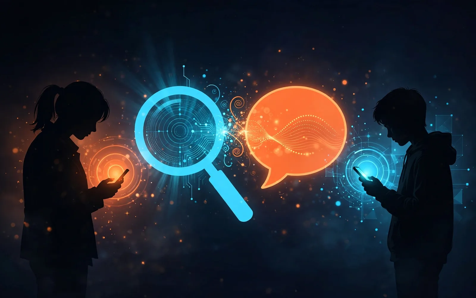 Stylised illustration of a worried parent and a teen each holding a glowing phone, facing a glowing magnifying glass and speech bubble on a dark navy background.