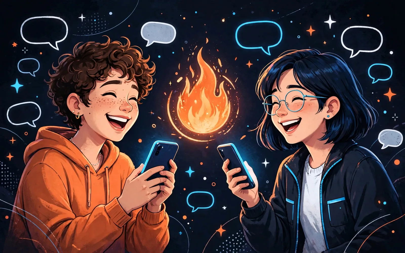 Stylised illustration of two teenage friends holding phones with a glowing flame icon floating between them on a dark navy background.