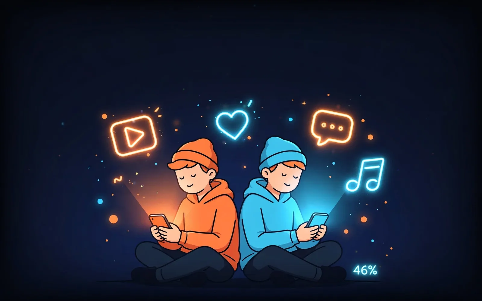 Illustrated cartoon teenagers holding glowing phones, surrounded by floating social media icons in orange and cyan on a dark navy background.