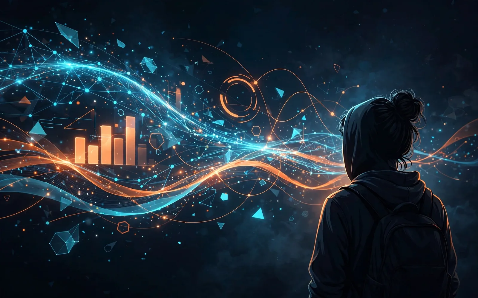 Illustrated study-themed graphic of a stylised teen silhouette facing a glowing abstract data feed of charts and network shapes in navy, orange and cyan tones.