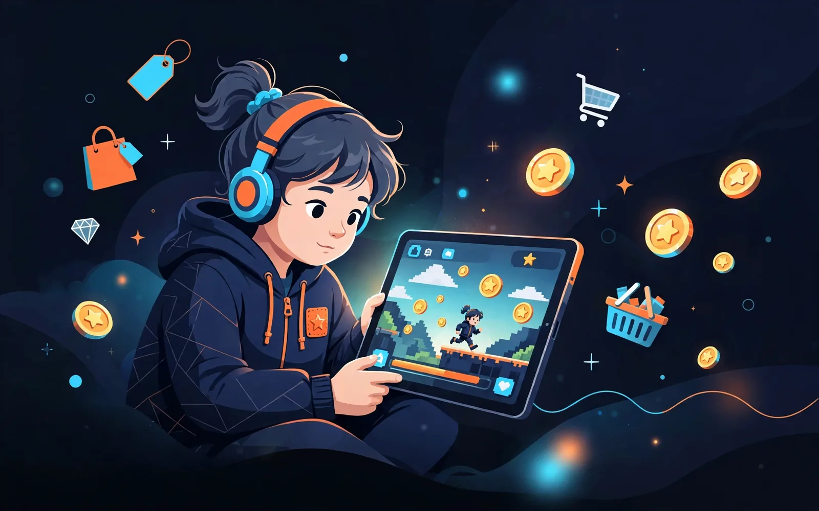 Illustrated stylised child playing a video game on a tablet with floating game coins and shopping icons on a dark navy background.