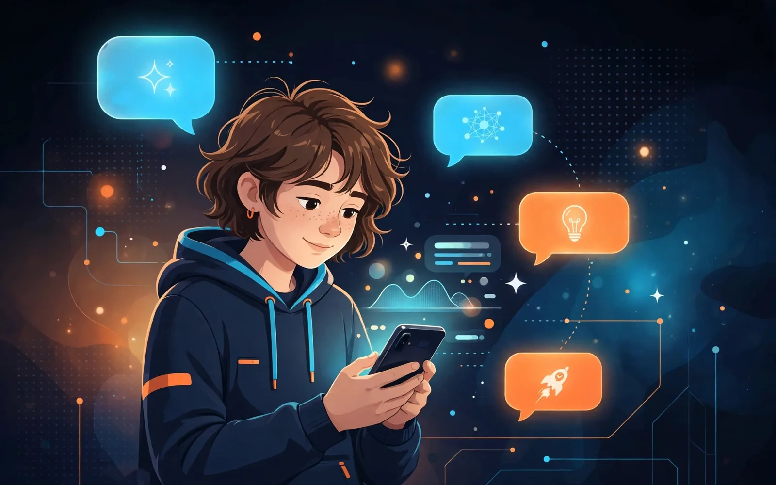 Illustrated stylised teenager holding a smartphone surrounded by glowing AI chat bubbles on a dark navy background.