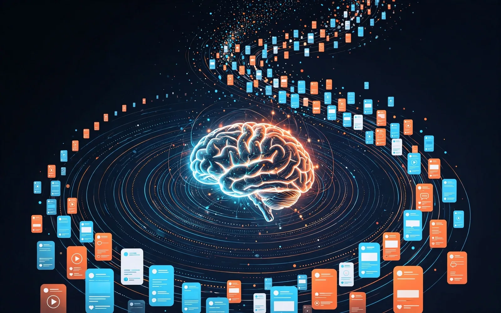 Stylized navy illustration of a glowing brain at the center of an infinite short-video feed, with orange and cyan highlights.