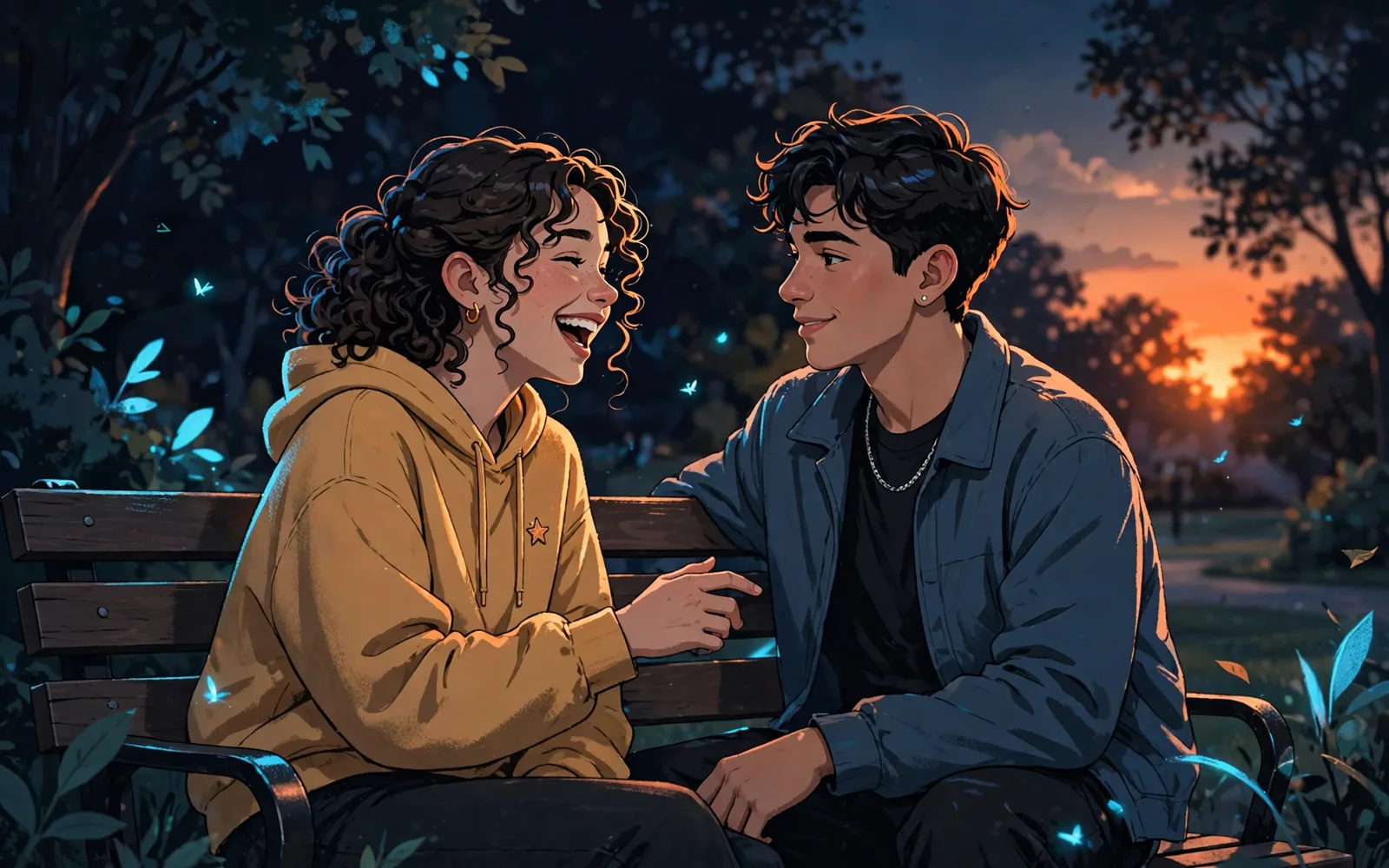 Illustrated image of two stylized teenagers laughing and talking together on a park bench at dusk.