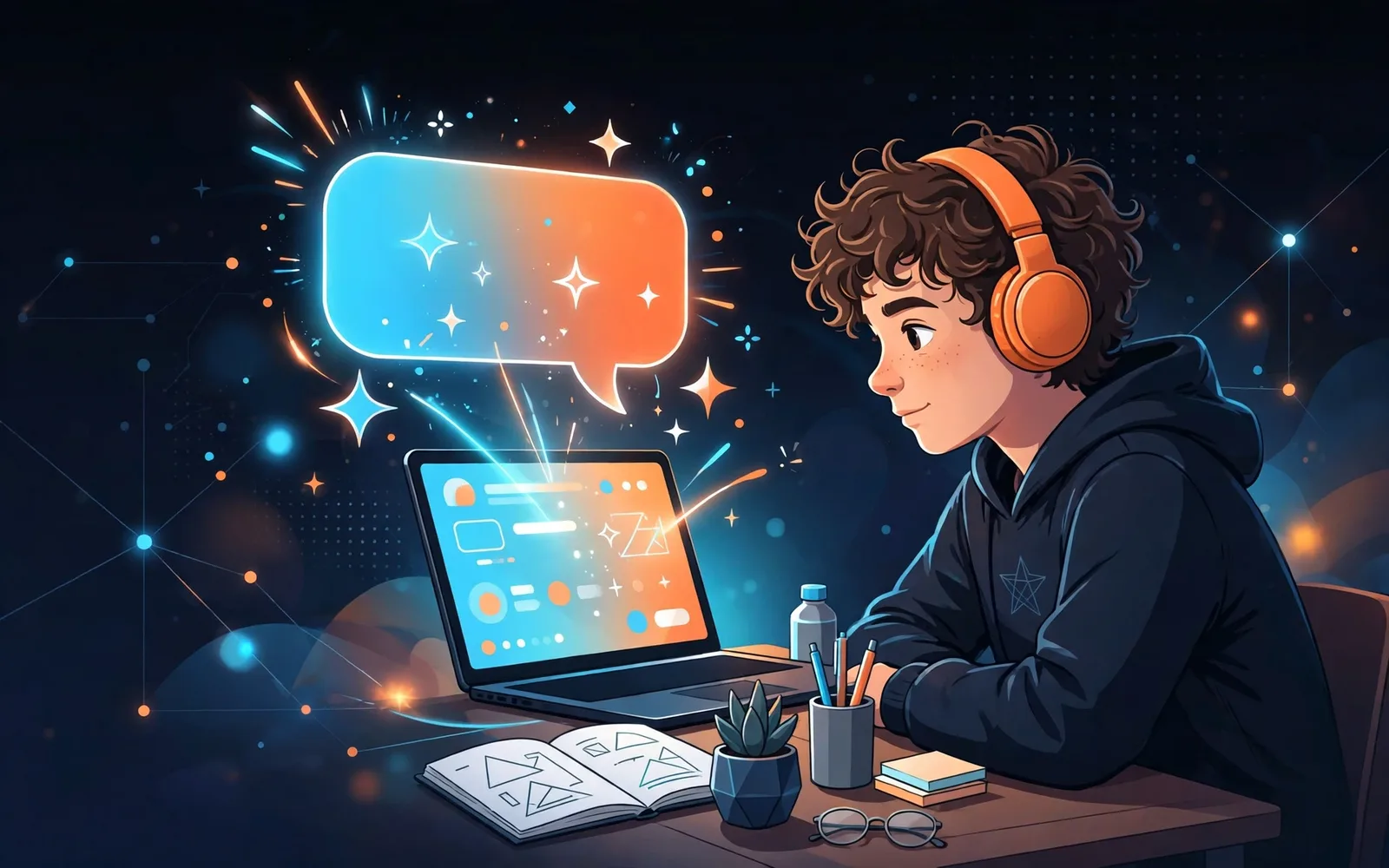 Illustrated teen with orange headphones working at a laptop with a glowing AI chat bubble above it, in navy, orange and cyan brand style.