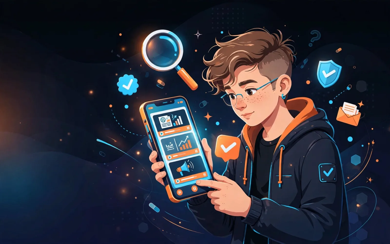 Illustrated stylised teenager holding a phone showing news videos, surrounded by a magnifying glass and checkmarks symbolising checking a claim before sharing it.