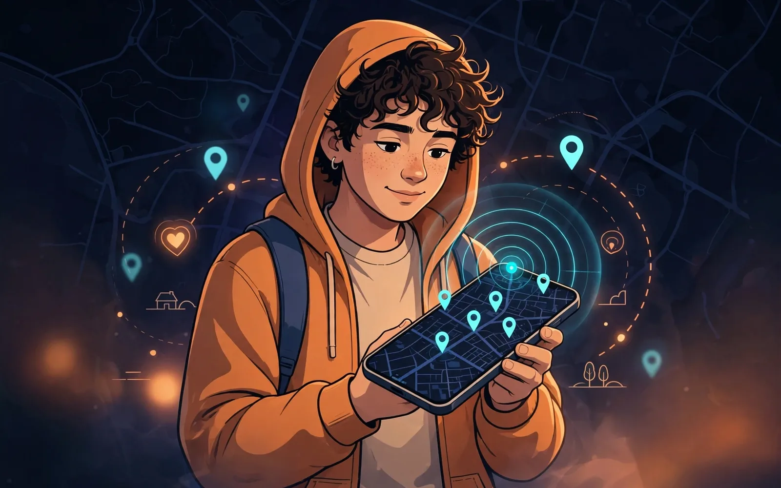 Stylised illustration of a teen holding a smartphone showing a dark navy map with glowing cyan location pins, in the AlphaBetaMinds brand palette.