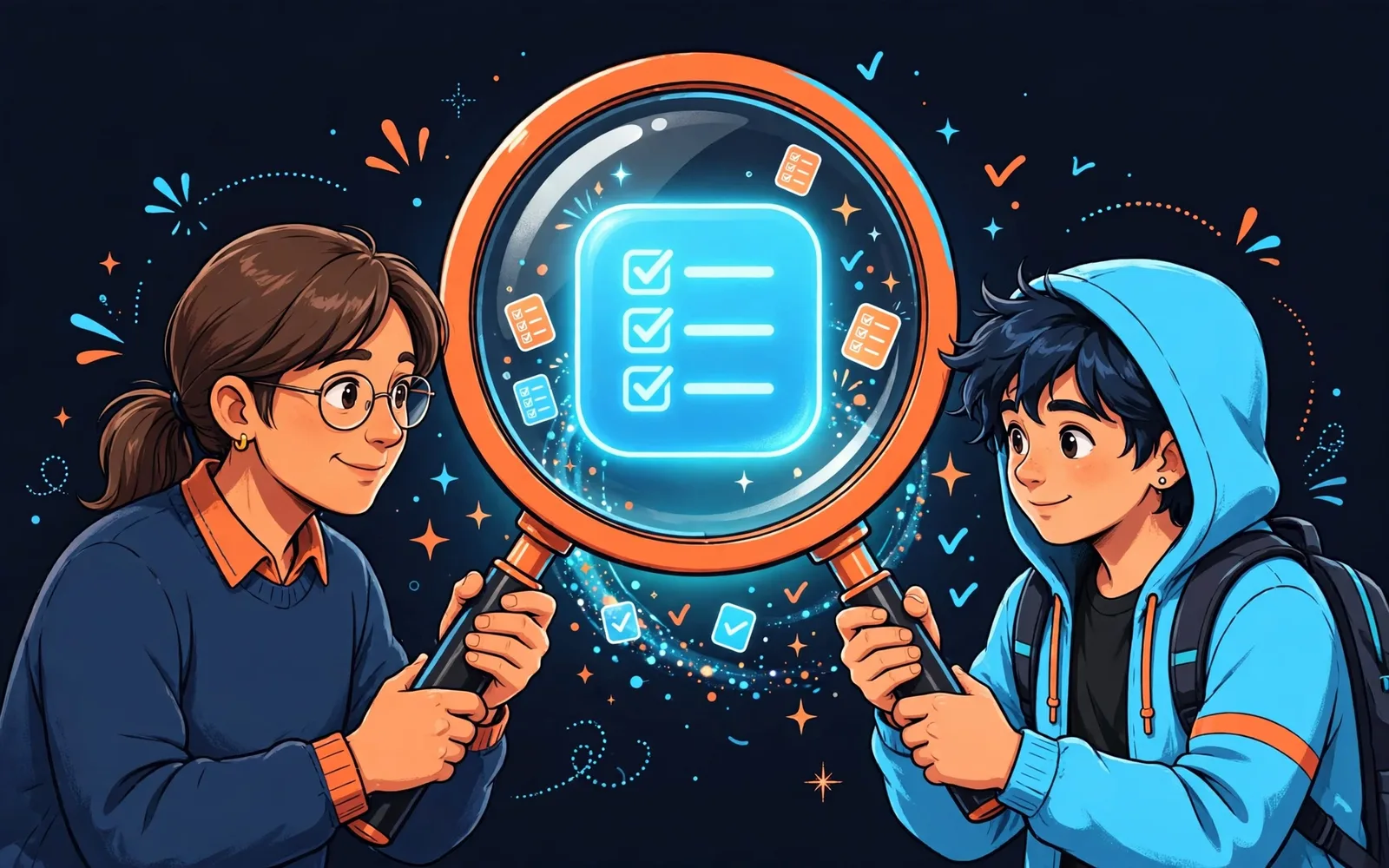 Stylised illustration of a parent and teen inspecting a glowing phone app icon with a giant magnifying glass on a dark navy background.