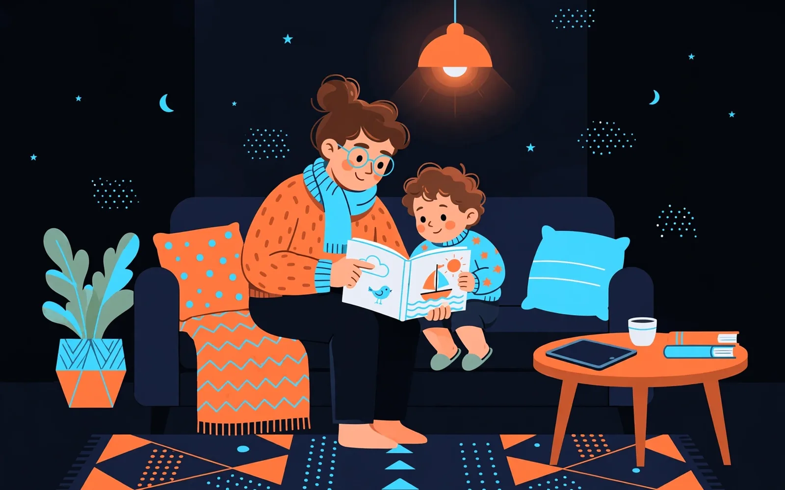 An illustrated parent reading a picture book with a toddler on a sofa while a tablet rests unused on a nearby table.