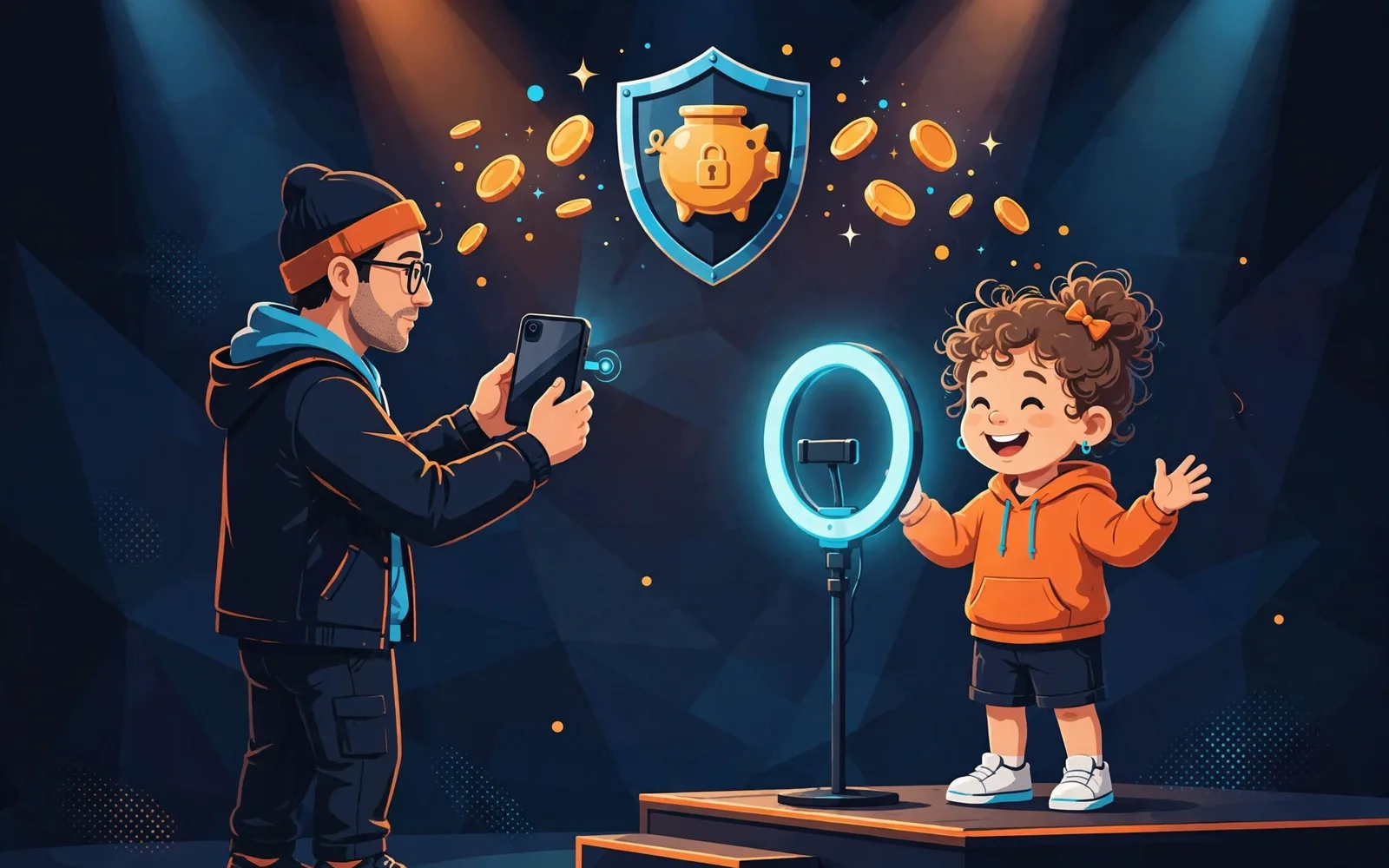 Stylised illustration of a parent filming a child influencer kid with a smartphone while coins and a trust-vault shield float above them.