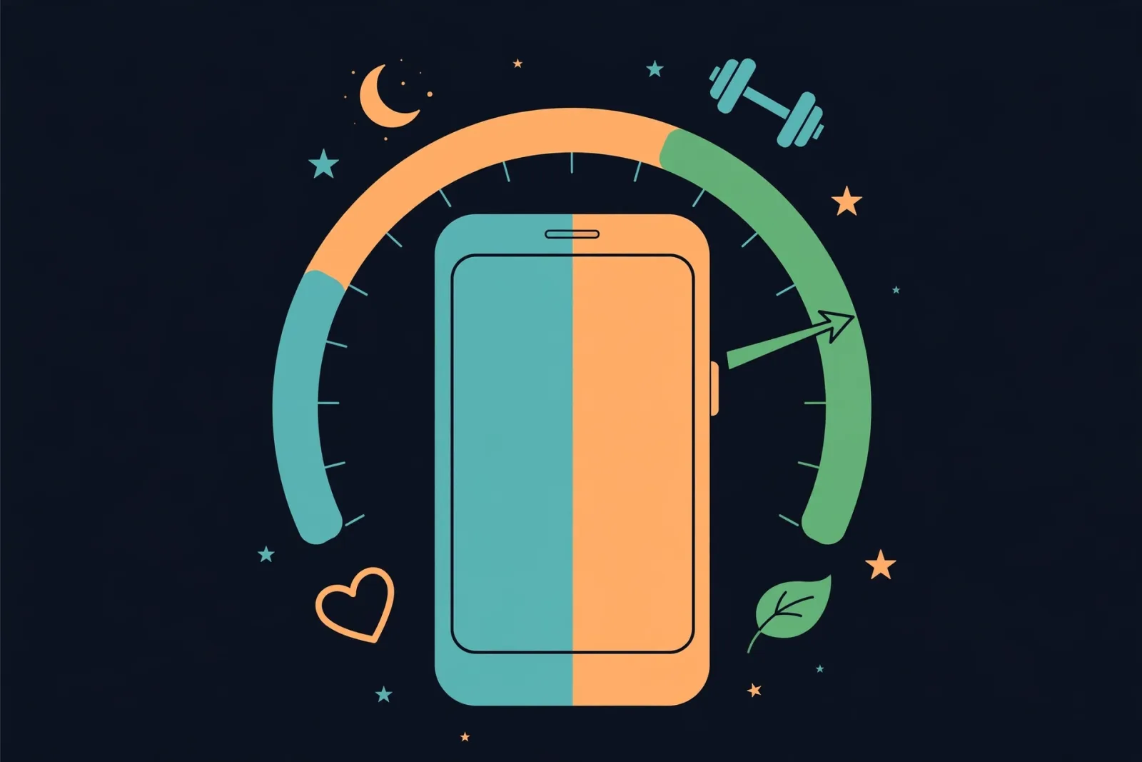 Stylised flat illustration of a smartphone wrapped in a digital wellbeing gauge with motifs for sleep, exercise and mental health, on brand-navy background.