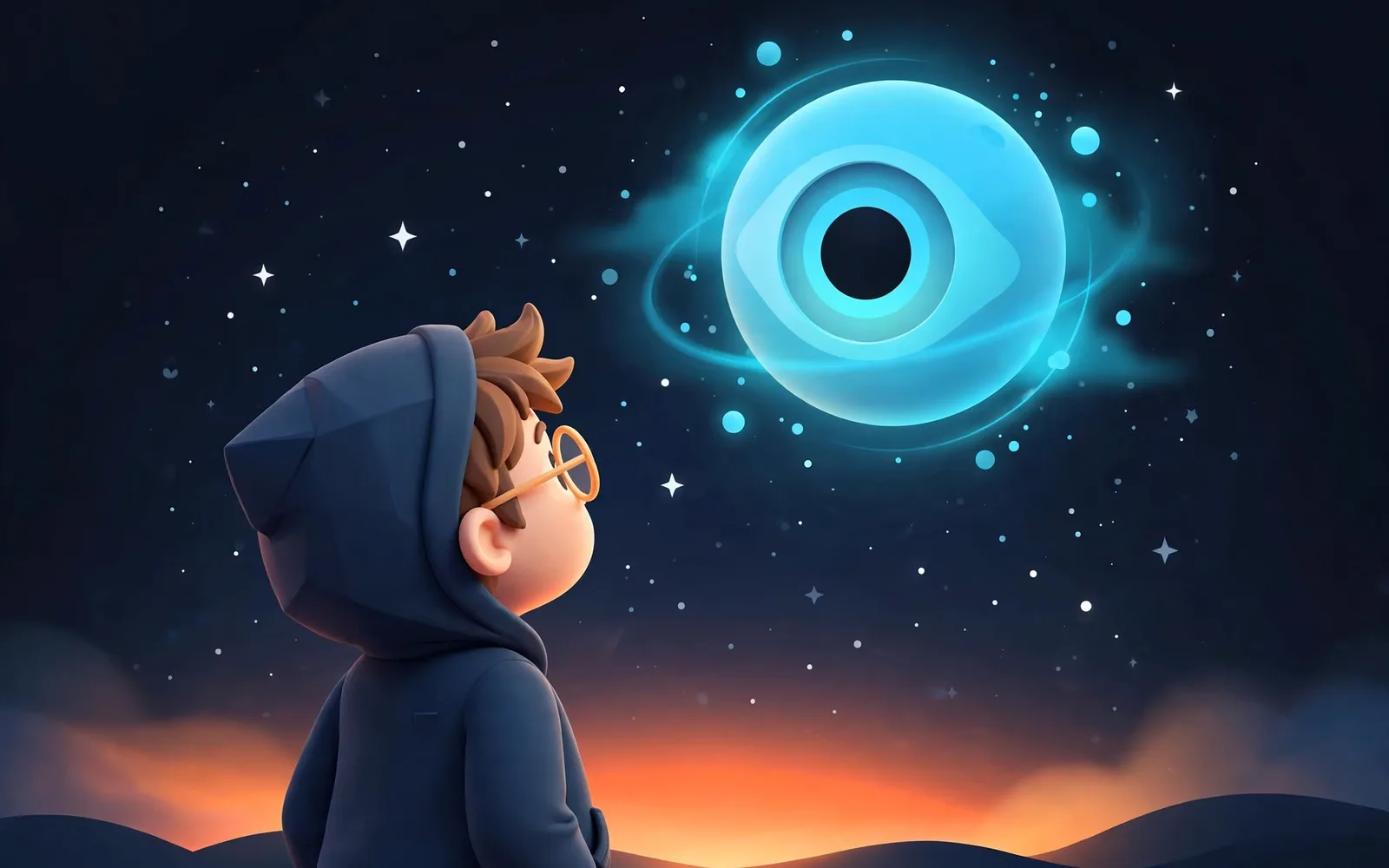 Stylized illustration of a child wearing glasses looking up at a glowing cyan eye-shaped planet against a starry navy night sky.