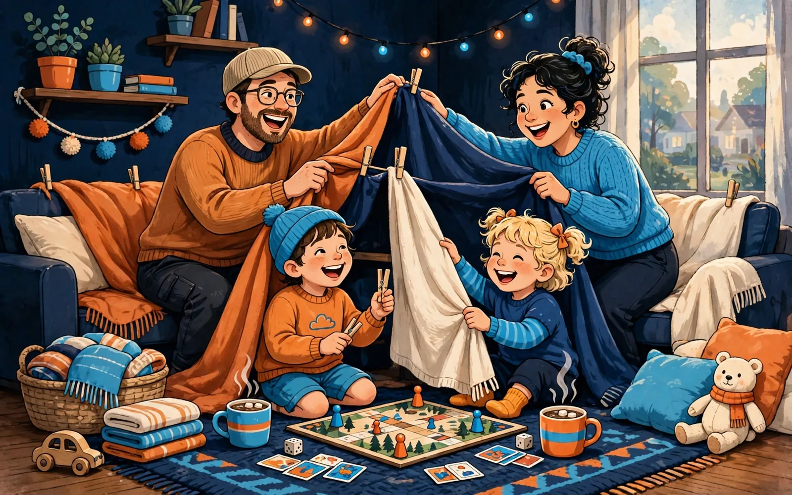 A stylised illustration of a family building a blanket fort together in a cozy living room, with a board game and cocoa nearby and no screens in sight.